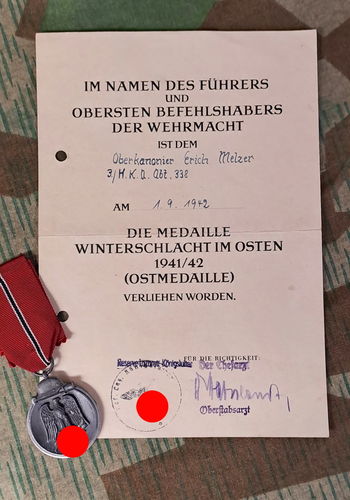 Urkunde & Ostmedaille 3./ H.K.Q. Abt. 338 Res.Laz Königslutter 1942 Niedersachsen bei Helmstedt