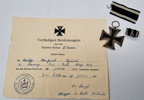 Urkunde Res. Inf. Rgt 249 & EK2 Eisernes Kreuz 2. Klasse 1914 mit Feldspange