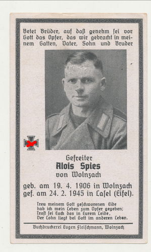 Sterbebild Alois Spiess Wolnzach Sturmgeschütz Abt gefallen in Lasel an der Eifel 1945