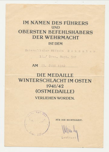 Urkunde Uffz Schuster Grenadier Rgt 547 zur Ostmedaille Winterschlacht im Osten 1941/42