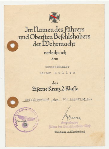 Urkunde Uffz Müller zum EK2 mit Original Unterschrift Generalmajor Führer See-Luft Streitkräfte West