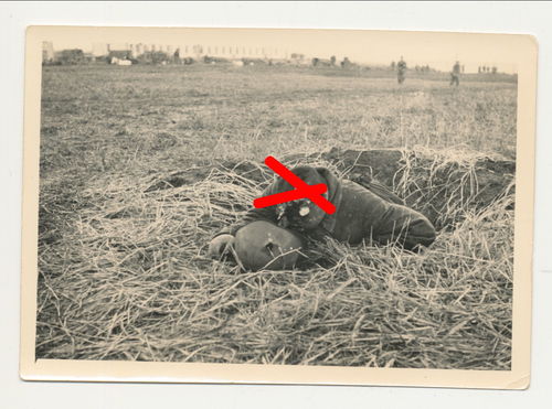 Tod Gefallene & Schlachtfeld gefallener Soldat im Feld Stahlhelm - Original Foto WK2
