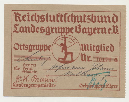 RLB Reichs Luftscvhutz Bund Mitglieds Karte Ausweis 1935/36