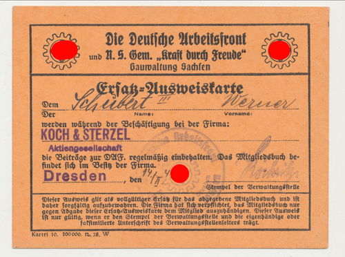DAF deutsche Arbeistfront Mitglieds Karte Ausweis Dresden 3. Reich
