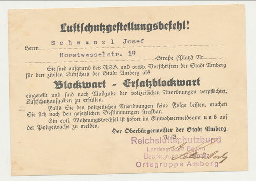 RLB Luftschutz Gestellungs - Befehl als Blockwart Ortsgruppe Amberg 3. Reich