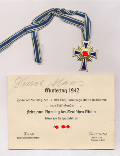 Mutterkreuz Gold I. Stufe Ehrenkreuz der dt Mutter mit Einladungs Karte zum Muttertag 1942