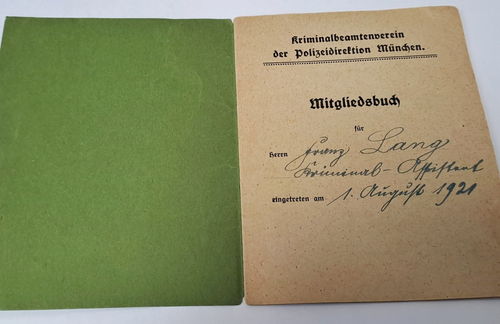 Polizei Direktion München Kriminalbeamtenverein Mitgliedsbuch Franz Lang 1921