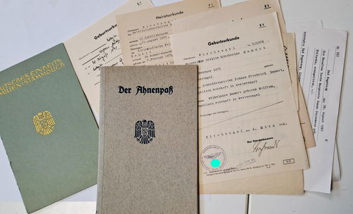 Ahnenpass Set Stammbuch Dokumente Fabrikant Heynemann Fritsche Damert Leipzig 3. Reich
