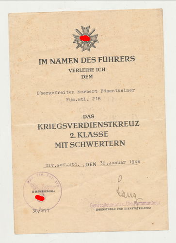 Urkunde zum KVK Kriegsverdienstkreuz Füsilier Btl. 218 KURLAND Division 1944 OU General Lang
