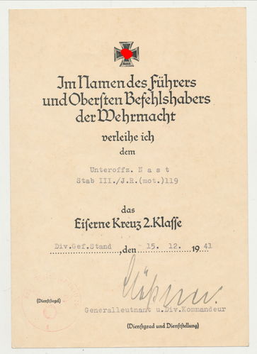 Urkunde Infanterie Rgt. 119 zum EK2 Eisernes Kreuz 2. Klasse Original Unterschrift Generalleutnant