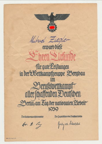 Urkunde Ziegler für gute Leistungen Reichsberufswettkämpfe Wettkampfgruppe Bergbau 1939