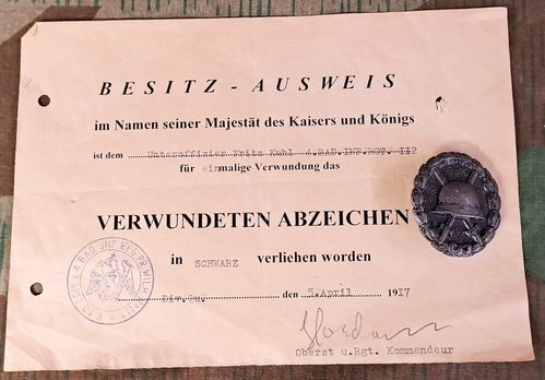 Urkunde Uffz Kuhl Badisches Inf Rgt & Verwundetenabzeichen Schwarz von 1917