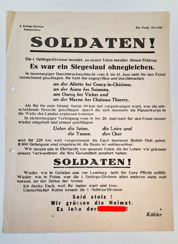1. Gebirgs Division General Kübler Gedenkblatt zum Frankreich Feldzug 1.GD vom Juni 1940