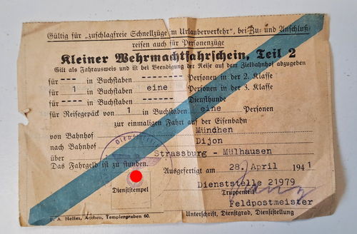 Kleiner Wehrmacht Fahrschein München Dijon Strassburg Mülhausen 1941