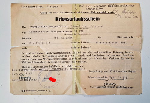 Kriegs Urlaubschein Wehrmacht Feldpost Kraftwagenführer von 1942