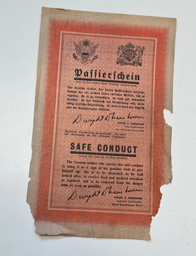 Passierschein für deutsche Wehrmacht Soldaten - Safe Conduct Commander Eisenhower WK2
