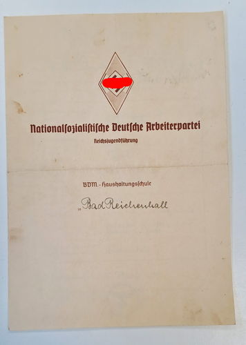 BDM Bund deutscher Mädel der Hitlerjugend Zeugnis der NSDAP Haushaltungsschule Bad Reichenhall