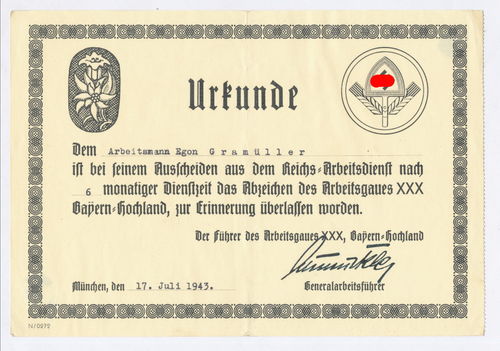Urkunde zum RAD Reichsarbeitsdienst Bayern Hochland Abzeichen von 1943