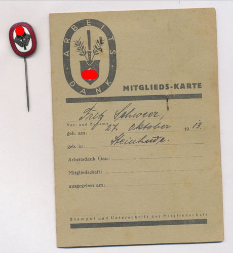 Arbeitsdank Mitgliedskarte Ausweis und Abzeichen Arbeitsdienst 3. Reich