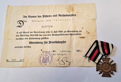 Urkunde & Ehrenkreuz für Frontkämpfer 1914/18 ausgestellt für Anton Verkoyen Bitburg 1935