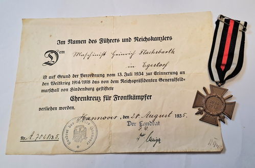 Urkunde & Ehrenkreuz für Frontkämpfer 1914/18 ausgestellt für Heinrich Flachsbarth Egestorf 1935