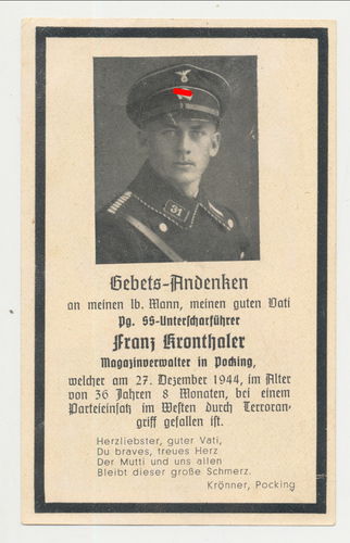 Sterbebild SS Unterscharführer Kronthaler gefallen bei einem Parteieinsatz im Westen Dez. 1944