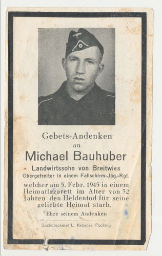Sterbebild Michael Bauhuber Fallschirmjäger Tod in Lazarett 1945