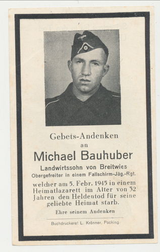 Sterbebild Michael Bauhuber Fallschirmjäger Tod in Lazarett 1945