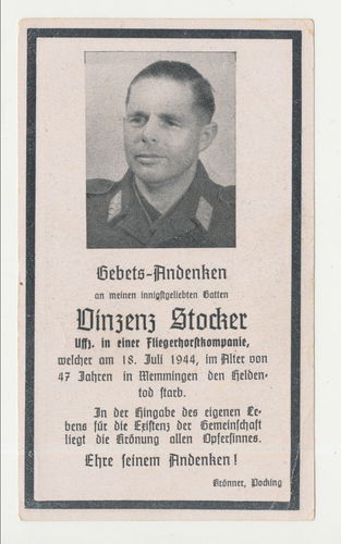 Sterbebild Vinzenz Stocker Uffz Fliegerhorst Kp Memmingen gefallen Juli 1944