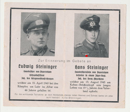 Sterbebild Brüder Steininger ZOLL gefallen bei Kampf um Lahr 1945 & Jäger Tod am Kuban 1943