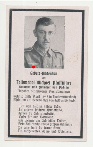 Sterbebild Feldwebel Pfaffinger gefallen im Endkampf bei Tauberrettersbach April 1945