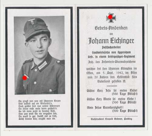 Sterbebild Johann Eichinger Gebirgsjäger Rgt 98 gefallen Kaukasus 1942 mit Historie