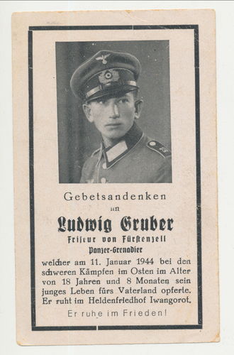 Sterbebild Gruber Ludwig Panzer Grenadier Rgt 63 gefallen in Werlowka Uman 1944 mit Historie