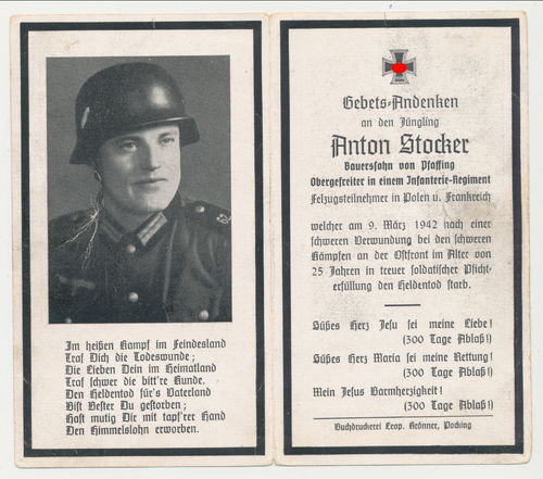 Sterbebild Anton Stocker Inf Rgt 19 gefallen bei Wjasma 1942 mit Historie