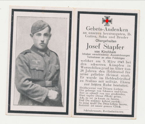 Sterbebild Josef Stapfer Grenadier Rgt 179 gefallen bei Stalino 1943 mit Historie