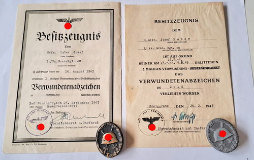 Urkunden & Orden Verwundetenabzeichen Schwarz & GOLD am Febr 1945 !! im Panzergrenadier Rgt 40