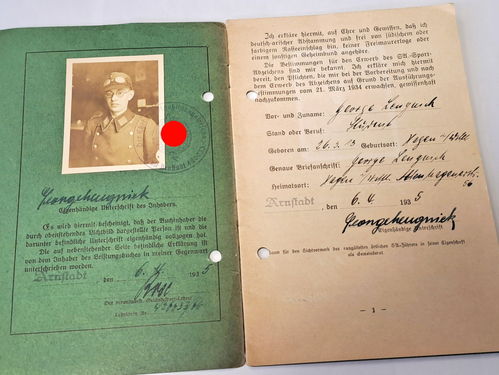 SA Leistungsbuch Arnstadt George Lengwick mit kleiner Urkunde zum SA Sportabzeichen in Bronze 1935