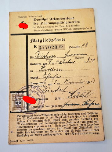 Ausweis Mitgliedskarte deutscher Arbeiterverband Nahrungsmittel Gewerbe mit Beitragsmarken 1933/34