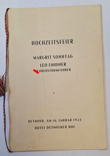 Tisch Karte Hochzeitsfeier Detmold 1943 SS Obersturmführer Leo Lindner der SS Heimwehr Danzig