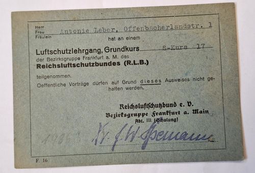 RLB Luftschutz Lehrgang Grundkurs Frankfurt am Main 1936 Teilnahme Bestätigung