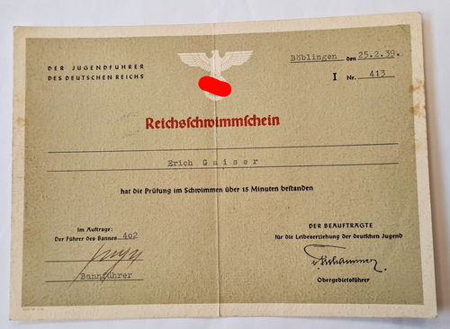 Reichs Schwimmschein Urkunde HJ Hitlerjugend Bann 402 Böblingen 1939