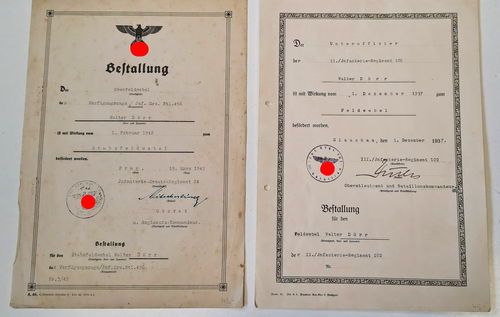 Inf Rgt 102 und Inf Ers Btl. 456 zwei Beförderungs Urkunden Bestallung in Prag 1942 & Glauchau 1937